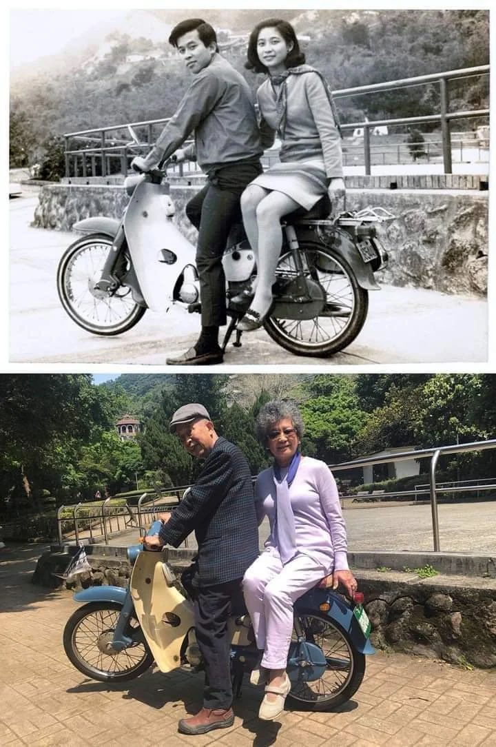 Couple on bike comparing 51 years before and now