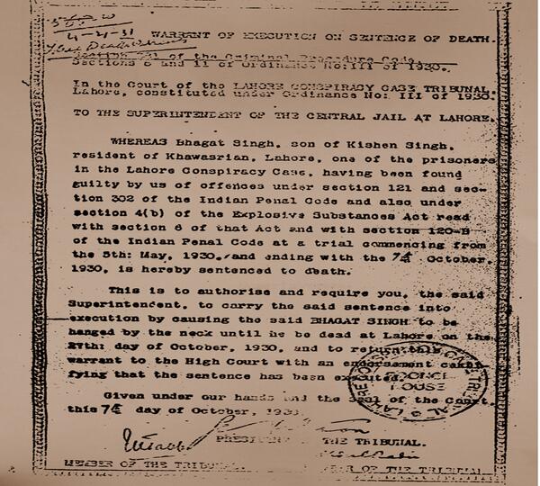 Death Warrant of Bhagat Singh