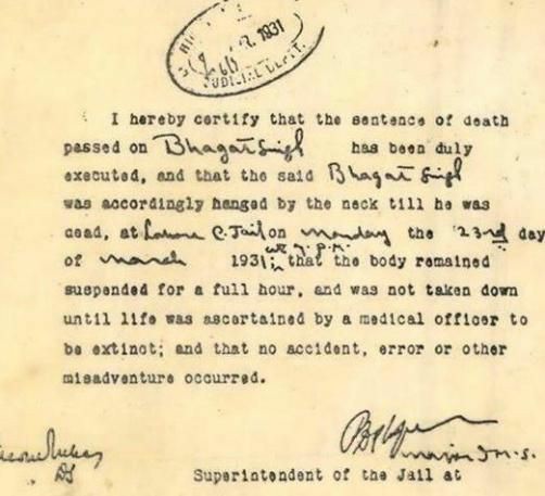 Death sentence certificate of Bhagat Singh